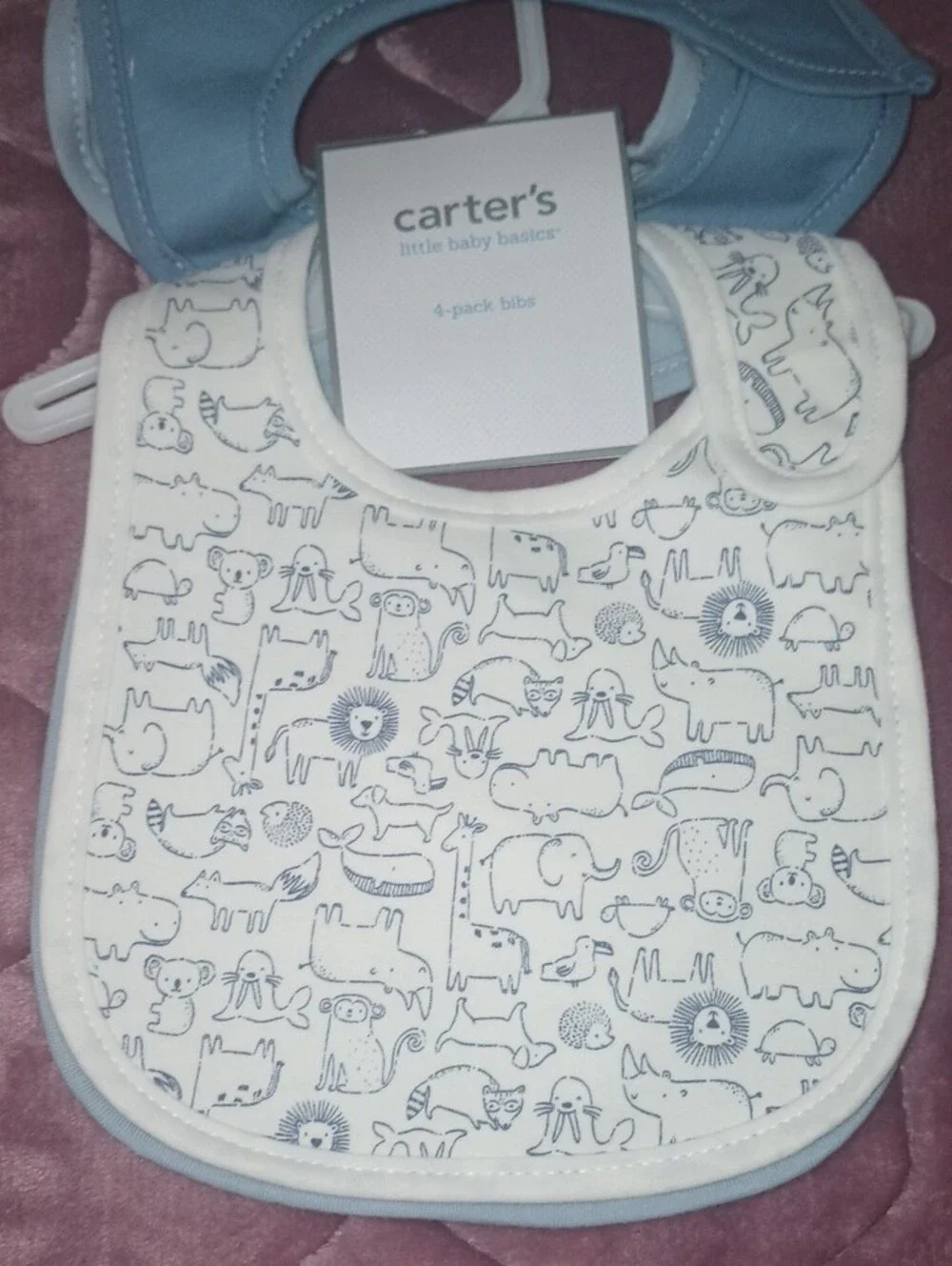 Carter's White Bibs with Light Blue Trim and Hippo/Turtle Design (4-Pack)